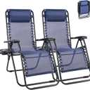 NEWBULIG Zero Gravity Chair Set of 2, Lounge Chair Folding Portable Adjustable Camping Reclining Chairs with Adjustable Pollow, Mesh Back, Cup Holder Trays Lawn Patio Chair for Pool Beach - Blue