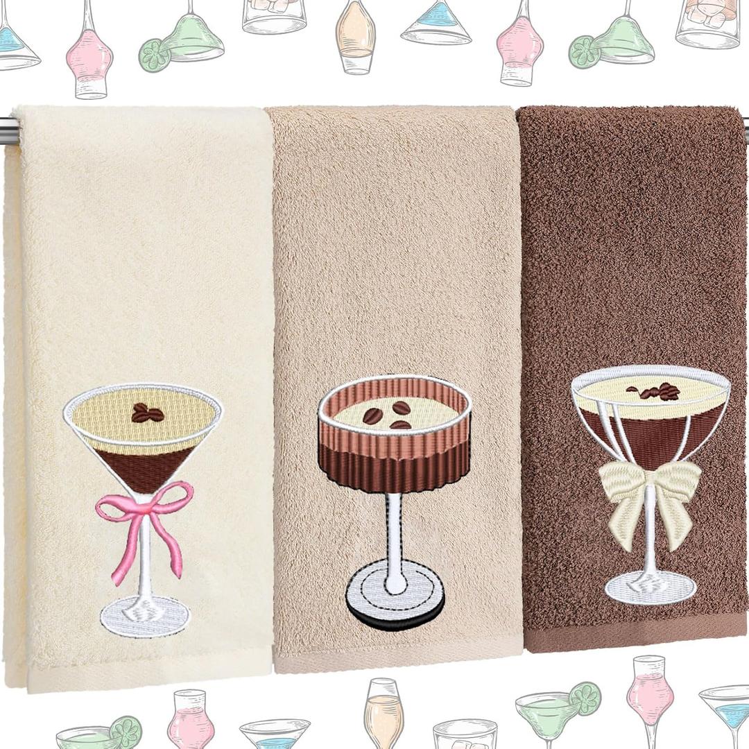 Espresso Martini Hand Towels Set of 3 Embroidered Espresso Martini Decor Cocktail Alcohol Kitchen Towels 100% Cotton 14 x 29 for Wine Love Gifts Bar Decor