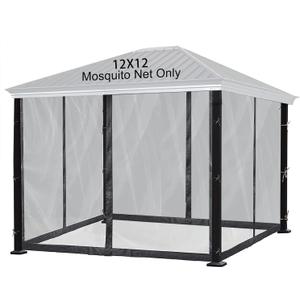 12x12 Mosquito Netting for Gazebo Canopy, Universal Replacement Mosquito Netting 4-Door Zipper Black 4-Panel Sidewall Curtain (Net Only)