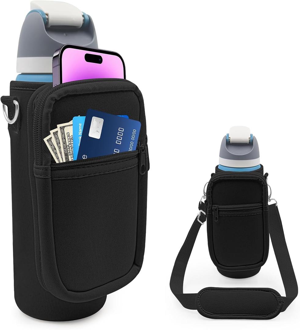 for Owala FreeSip Insulated Stainless Steel Water Bottle Cup Holder Cover Carrier Sling Bag with Strap, Pouch Pocket for Phone/Accessories, add Handle for Owala 24oz (Black-24oz)