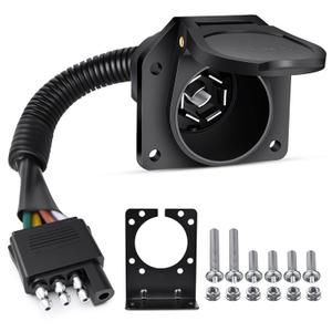 Nilight 4 Way Flat to 7 Way Round Blade Trailer Adapter Wiring Harness 4 Pin to 7 Pin Electrical Connect Wiring Plug Connector with Mounting Bracket for RV Truck Factory Tow Package