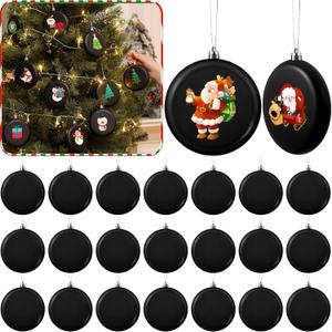 24 Pcs 4 Inch DIY Christmas Ornaments Black Ball Ornament Xmas Plastic Matte Flat Discs Christmas Tree Hanging Ornament Decorations DIY Crafts Painting Drawing Stickers Decals