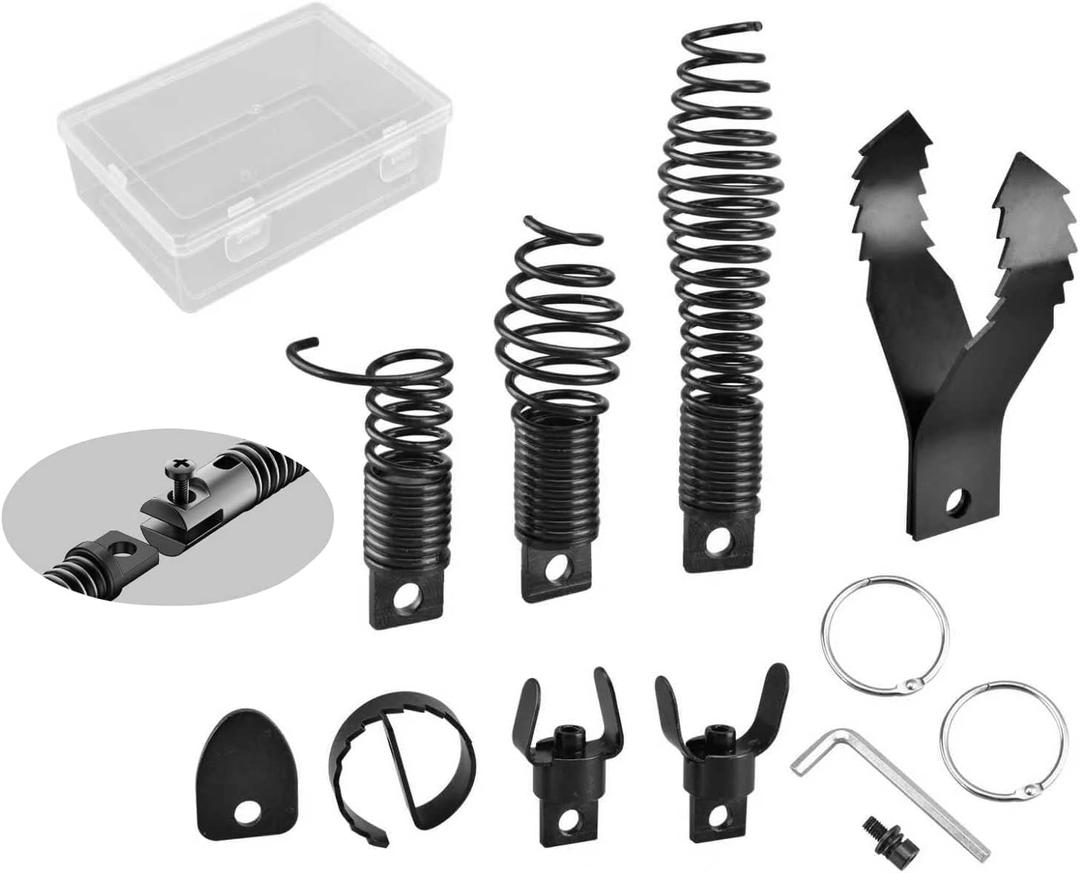 8-Piece Drain Snake Kit for 5/16" to 3/4" Cables  Heavy-Duty Manganese Steel Cutters for Roots, Grease & Stubborn Clogs  Includes Storage Case & Metal Ring
