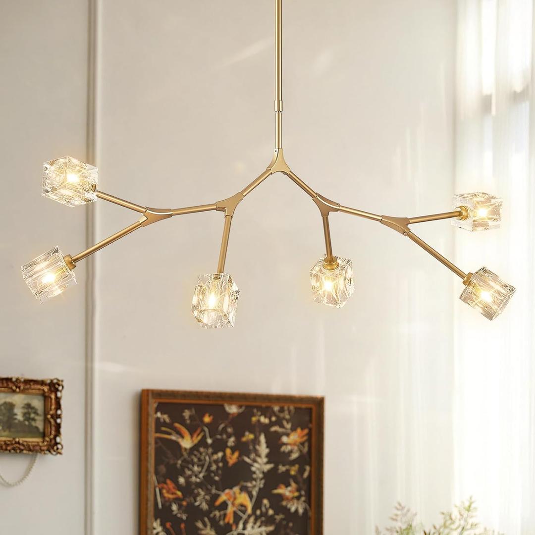 6 Lights Gold Crystal Chandelier for Dining Room L43’’ Modern Luxury Sputnik Chandelier Over Table Adjustable Flush Mount Pendant Light Fixture for Living Room Kitchen Island Bedroom