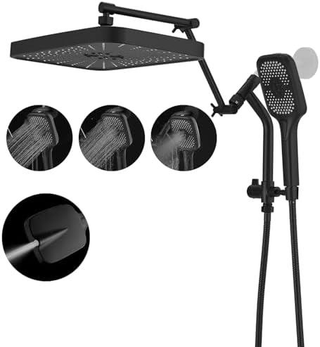 Psylc 14" High Pressure Rain/Rainfall Shower Heads With Handheld Spray Combo (3+1 Settings & Built-in Power Wash Mode), Double/Dual Shower Head With Handheld - Height/Angle Adjustable(Matte Black)