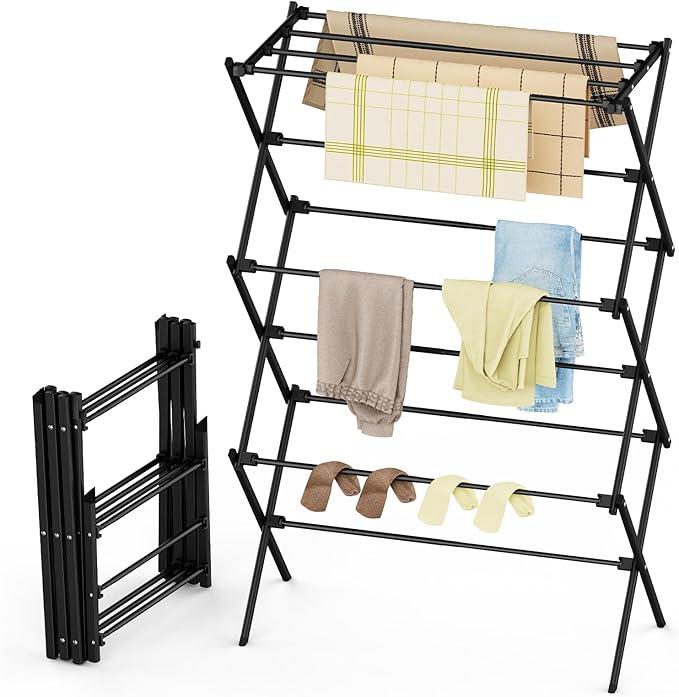 FILROUG Drying Rack Clothing, 3Tier Clothes Drying Rack Foldable, Antirust Laundry Drying Rack Collapsible Use for Indoor & Outdoor, 11.8" D x 34.6" W x 35.4" H, Black