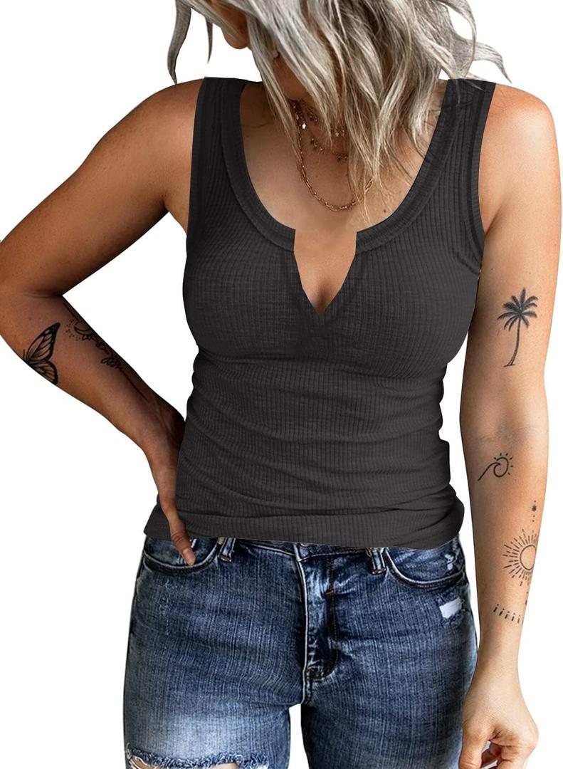 HERILIOS Women's Tank Tops Ribbed V Neck Sleeveless T Shirts Summer Slim Fitted Basic Tee Tops Crew Neck Cami Shirt (Black), Size S