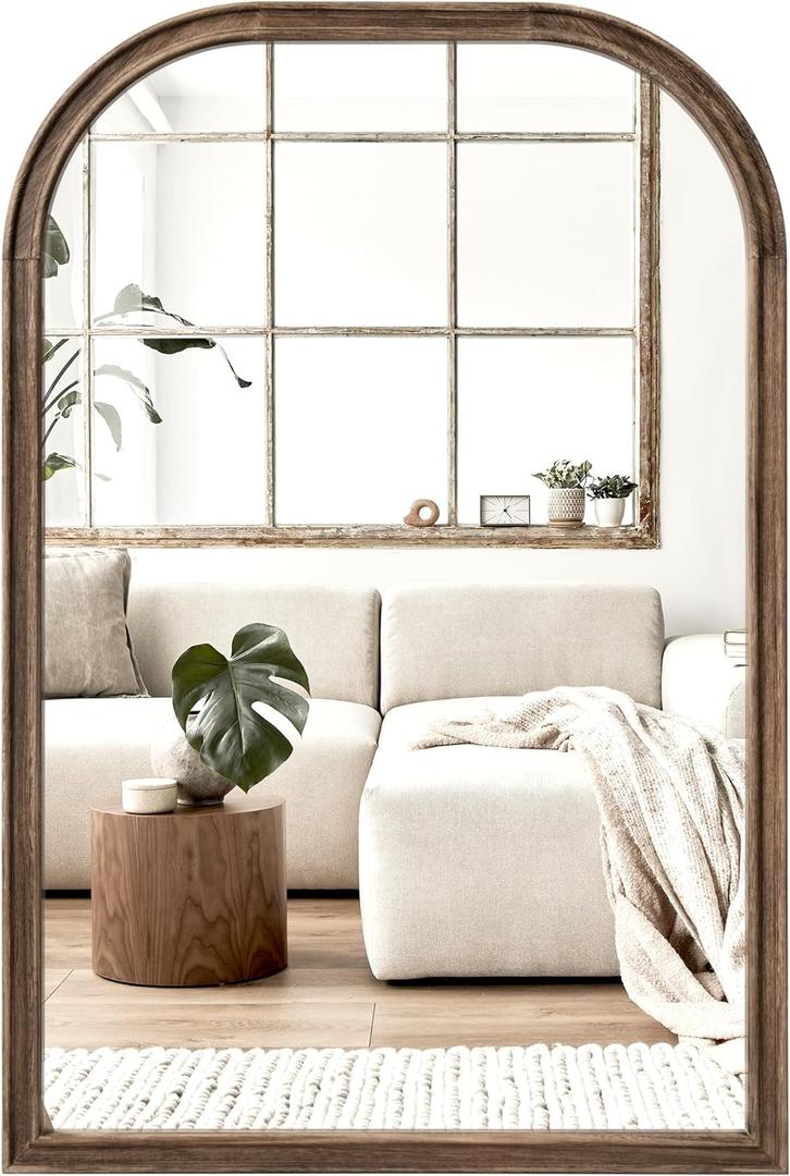24"x36" Solid Wood Bathroom Mirror Tempered Glass for Wall Mounted, Rustic Wood Frame Wall Mirror Decorative for Living Room Bedroom Vanity Mirror Entryway Mirror, Rustic Brown