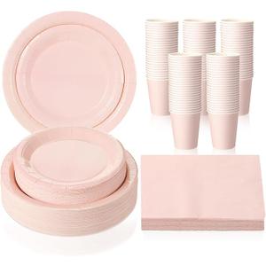 Tioncy 200 Pcs Disposable Paper Plates Cups and Napkins Party Supplies Serve Guests Disposable Paper Dinnerware Set for Christmas Birthday Wedding Baby Shower Family Picnic(Pastel Pink)
