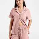 Womens Muslin Pajama Set 100% Cotton Double Gauze Linen Like Breathable Soft Button Up Loungewear Sleepwear PJ Set (Pink, L)
