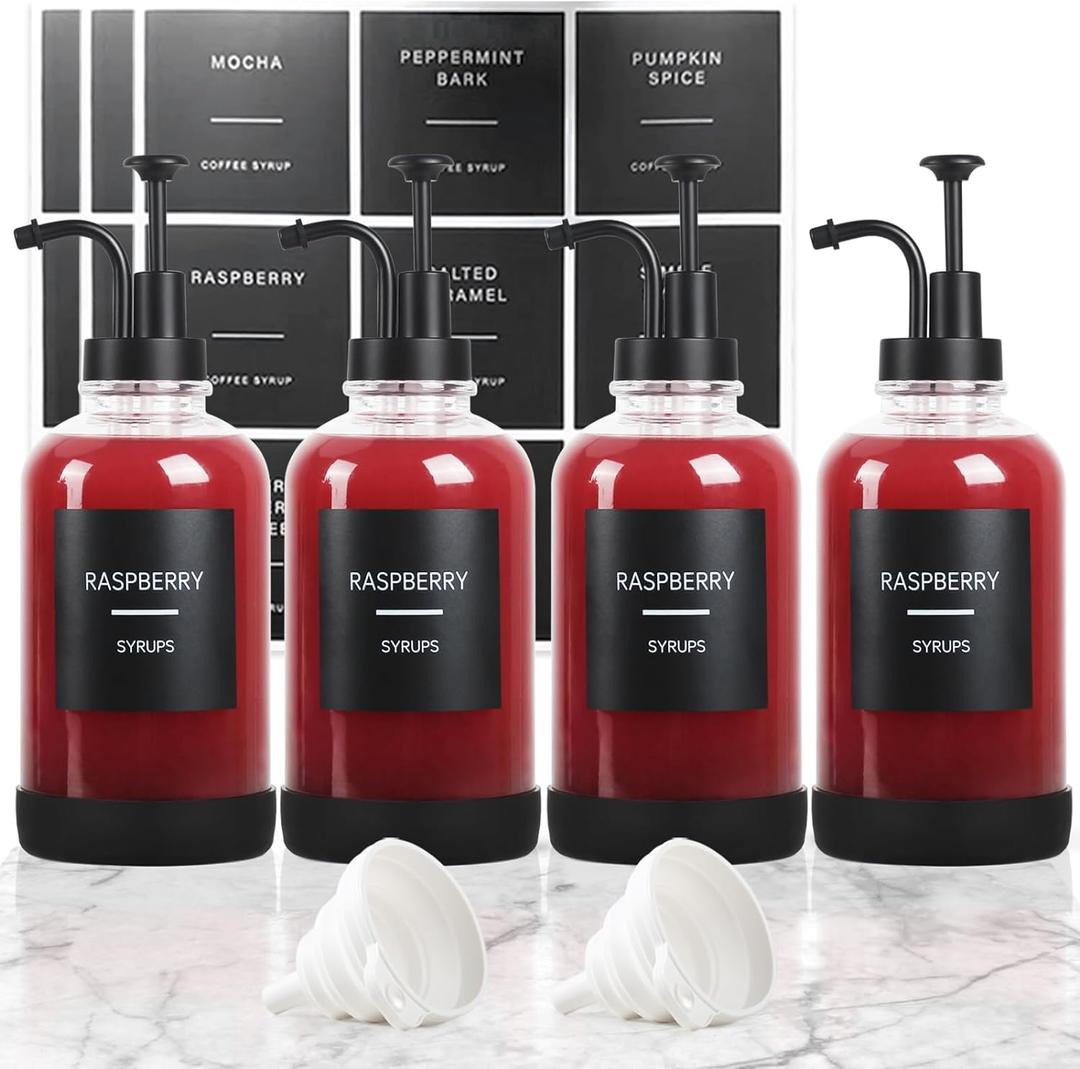 Coffee Syrup Dispenser for Coffee Bar, Set of 4 Non-Slip Glass Syrup Dispenser w. Labels and Silicone Sheath, 16.9 oz 500ml Syrup Pump Dispenser, Coffee Bar Accessories Simple Syrup Bottle w. Pump