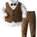 Boys 3Pcs Clothing Sets Cotton Long Sleeve Bowtie Shirts +Vest +Pants Casual Suit (4T, Brown)