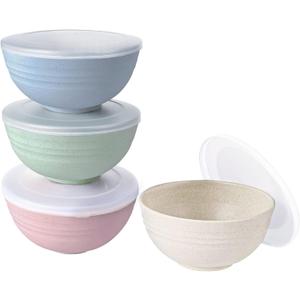 shopwithgreen Wheat Straw Cereal Bowls with Dust-Proof Lid, Resuable Bowls for Kitchen, Set of 4, Microwave and Dishwasher Safe, for Soup, Oatmeal, Ramen, RV, Camping, Kids, College Dorm Room, 26 OZ