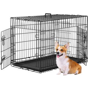 FDW Dog Crate for Medium Dogs 36 Inch Folding Metal WirePet Cage Double Door W/Divider Panel Indoor Outdoor Kennel Leak-Proof Plastic Tray,Black (36.0"L x 22.0"W x 24.0"H)