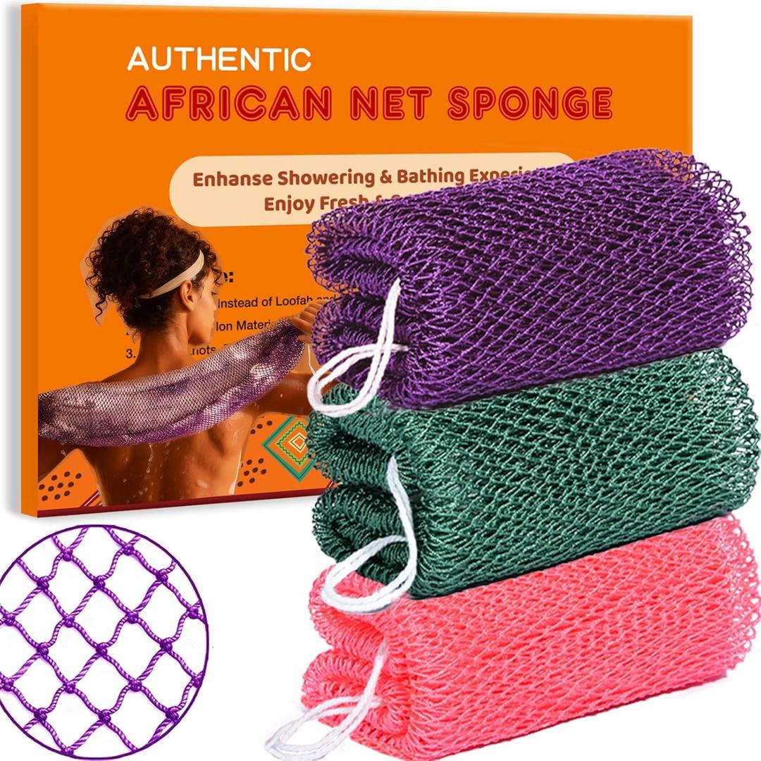 African Net Sponge Authentic, 3 Pieces African Exfoliating Net Sponge Body Back Scrubber Exfoliating Washcloth for Shower Bath for All Types Skin (Purple+Pink+Olive Green, 3 Pcs) (1 Count (Pack of 3))