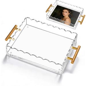 Acrylic Scalloped Tray 10'' X 8'' with Magnetic Bottom & Gold Handles - Customizable Picture Display Tray for Home Dcor Vanity Bathroom Kitchen Office & Living Room