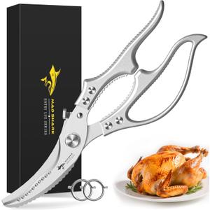 MAD SHARK Heavy Duty Poultry Shears, Kitchen Shears with Non-Slip Handle & Safety Lock, All Purpose Kitchen Scissors for Chicken, Meat Cutting, Turkey, Fish, Vegetables, Spring Loaded, Dishwasher Safe (Silver)