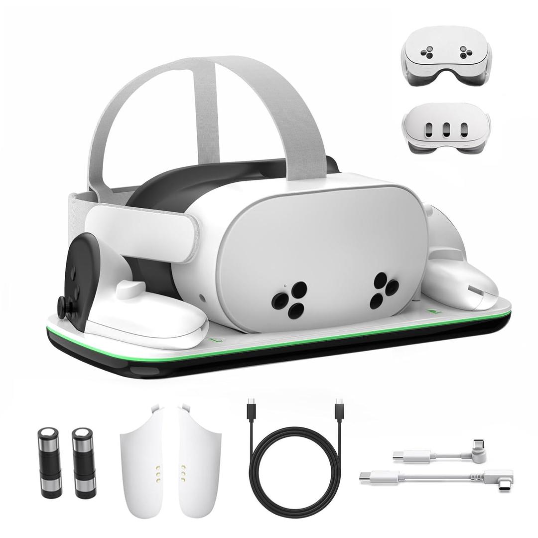 Charging Dock Compatible with Meta Oculus Quest 3/3S, VR Headset Controller Accessories, Charging Station with Closable LED Indicator, Magnetic Charging, Fast Charging, 2 Rechargeable Batteries