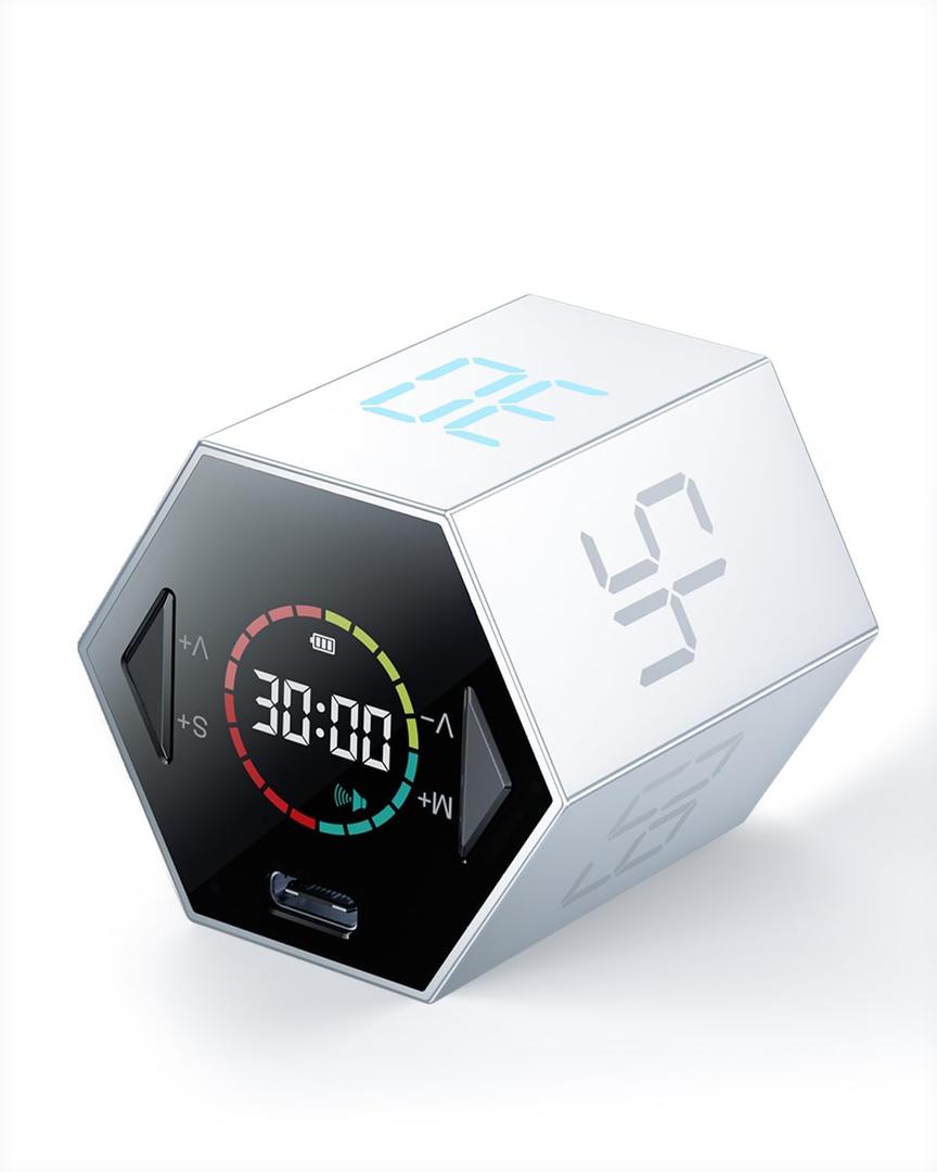 Ticktime Pomodoro Timer Cube, Hexagon Productivity Timer, Pause & Resume, Silent, Vibrate & Adjustable Sound Alert, for ADHD, Task, Work, Study, 5/15/25/30/45/60min & Custom Countdown, Silver