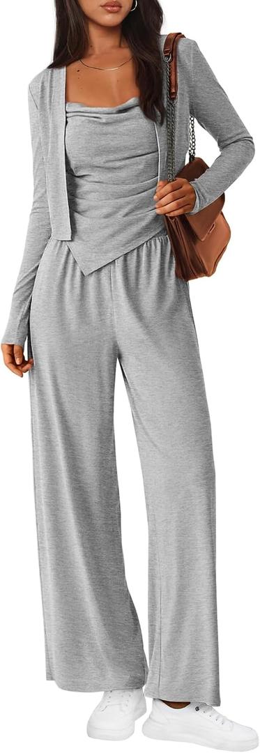 BTFBM Women's Fall Lounge Sets 3 Piece Outfit Tracksuits Casual Long Sleeve Tops High Waisted Sweatpants Set (S)