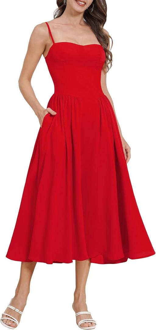 Casual Dresses for Women Boho Spaghetti Strap Corset Midi Dress with Pockets Low Cut Flowy Pleated Bustier Sundress (Small, Red)