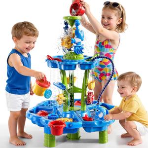 2-Tier Auto Water Table with Pump, Summer Outdoor Beach Outside Backyard Activity Sensory Sand Water Table, Birthday Party Gifts for Kids Boys and Girls Ages 3 4 5 6 7 8