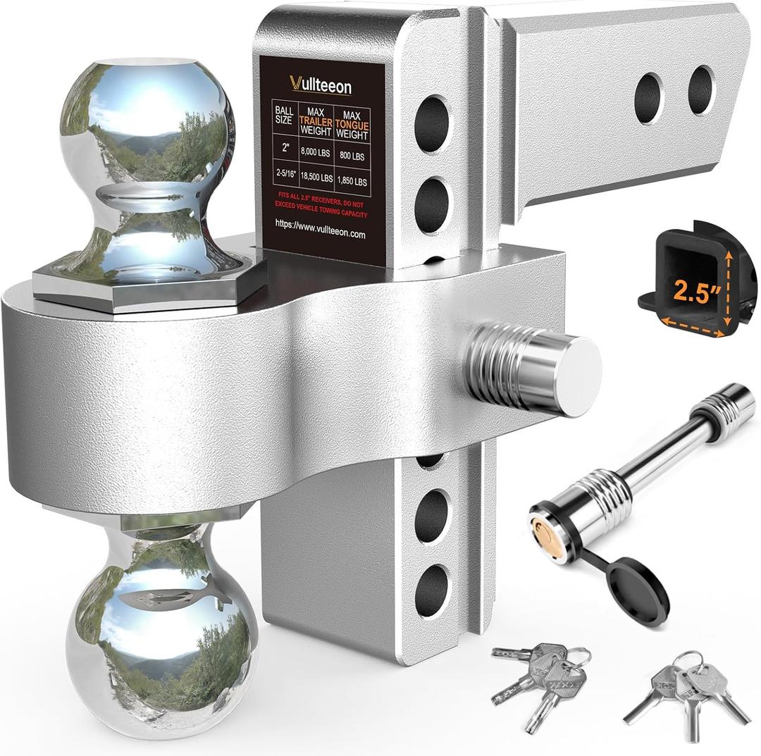 Drop Hitch 2.5 Inch Receiver, Vullteeon 6 Inch Adjustable Trailer Hitch Ball Mount, 18,500 LBS GTW, (2" & 2-5/16") Chrome Plated Steels Balls, Class 5 Aluminum Tow Hitches, 2 Anti-Theft Pins Locks