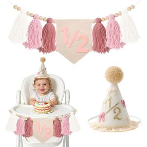 1/2 Birthday Girl, Boho Half birthday Hat with Bow & Pink High Chair Banner, Half Way to One Birthday Decorations