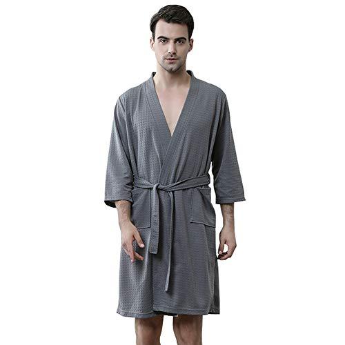 Rojeam Men's Kimono Waffle Robe Unisex Lightweight Soft Knee Length Spa Bathrobe Sleepwear with Pockets, Grey, S