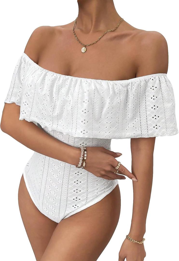 MakeMeChic Women's Off Shoulder Ruffle Trim Bodysuit Eyelet Embroidered Strapless Tube Top Summer Sexy Leotard Outfits, XS