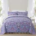 NEWLAKE Cotton Bedspread Quilt Sets-Reversible Patchwork Coverlet Set, European Purple Floral Pattern, California King Size