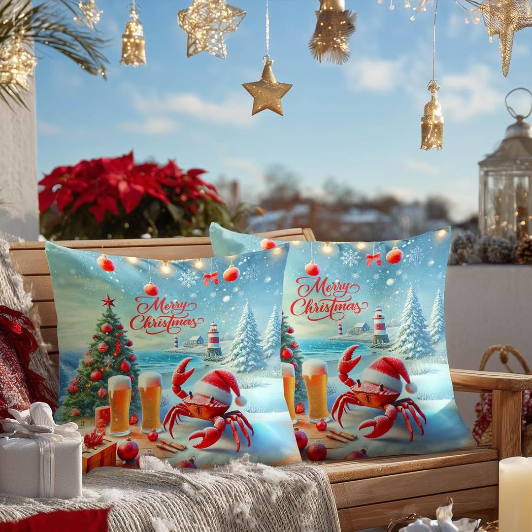 HOMETITUTE Pack of 2 Christmas Throw Pillow Covers 18x18 Inch Soft Decorative Crab Cushion Covers Holiday Beach Party Winter Christmas Pillow Cases Coastal Decor for Sofa Couch Bed Living Room