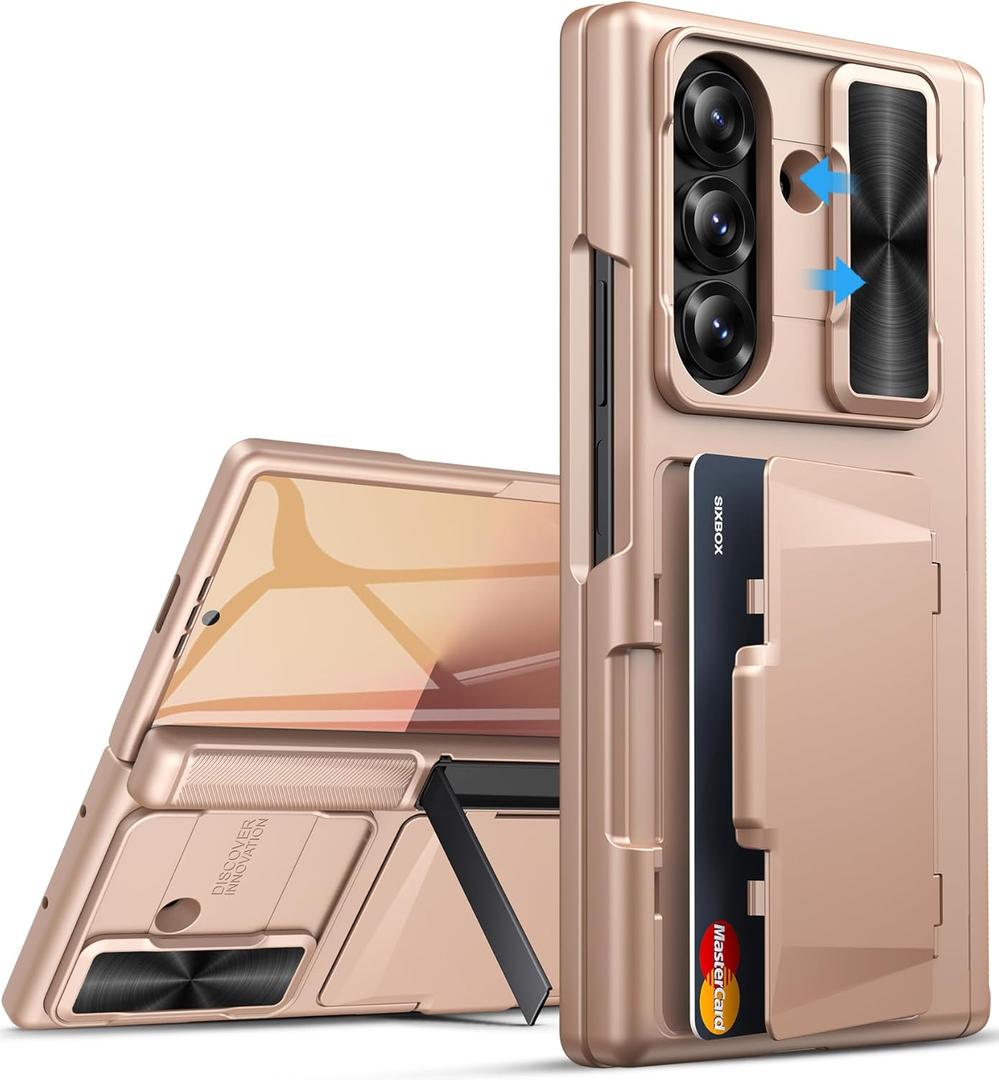 for Samsung Galaxy Z Fold 7 Case with Stand, Built-in Card Holder & Hinge Protection & Sliding Camera Lens Cover & Screen Protector, Rugged Heavy Duty Phone Case for Z Fold 7 2025, Rose Gold