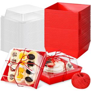 50 Pcs Charcuterie Boxes with Clear Lids 5'' Disposable Square Dessert Boxes Paper Food Box Bakery Containers for Party Cake Cookie Sandwich (Red)
