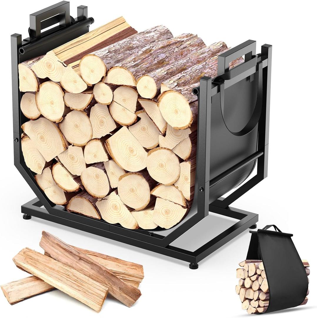 Firewood Rack, Indoor/Outdoor Firewood Holder with Firewood Carrier Bag, 25 Inch Thickened Metal Fireplace Log Holder with Adjustable Feet, Black