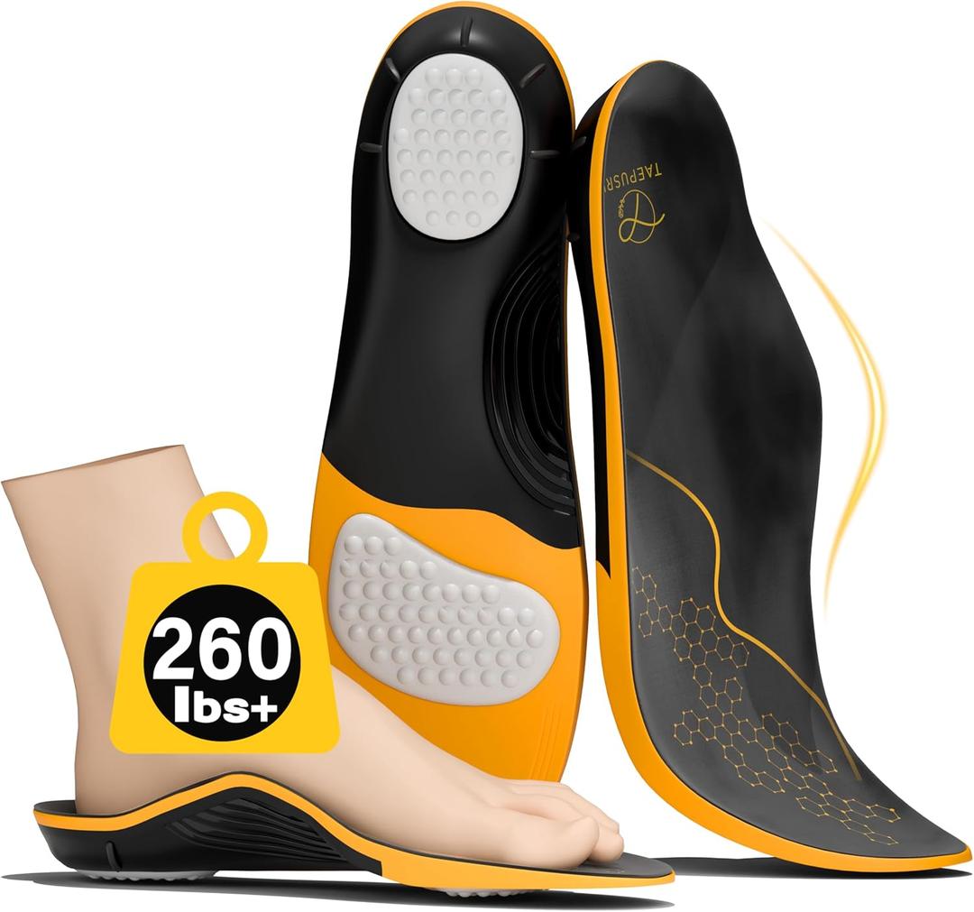 Plantar Fasciitis Insoles for Women Men-260lbs+ Orthotic Arch Support Shoe Inserts for Running, Work Boots, Pain Relief All-Day Comfort for Flat Feet/High Arch (Orange, M | Men 8.5-10/WOMEN 9.5-11)