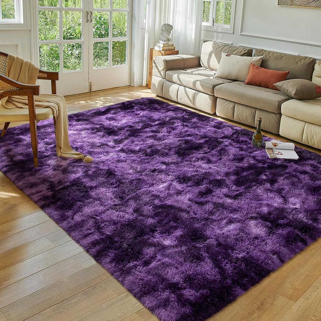 Softlife Dark Purple Area Rug for Living Room, Fluffy Shag Plush 6x9 Rugs for Bedroom Girls Kids, Shaggy Soft Fuzzy Tie Dyed Large Carpet for Dorm Bedside Ultra Cozy Non-Slip Indoor Decor