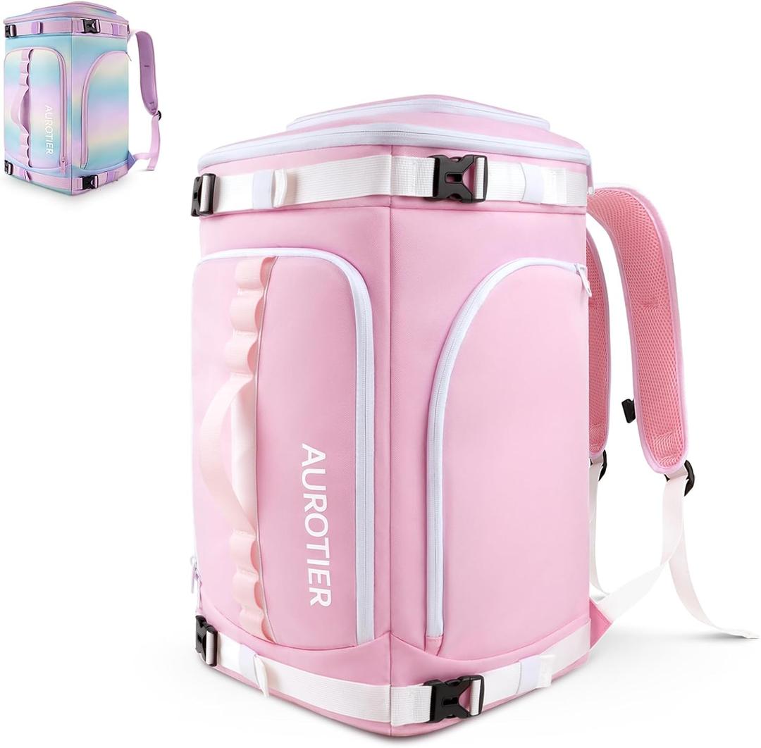 AUROTIER 60L Ski Boot Bag Backpack with Helmet Compartment, Waterproof Ski Backpack for Gloves, Goggles, Skis Gear (Pink)