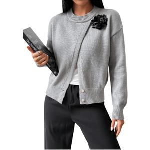 MakeMeChic Women's Wrap Cardigan Sweater Flower Button Down Pullovers Tops (Large, Dark Grey)