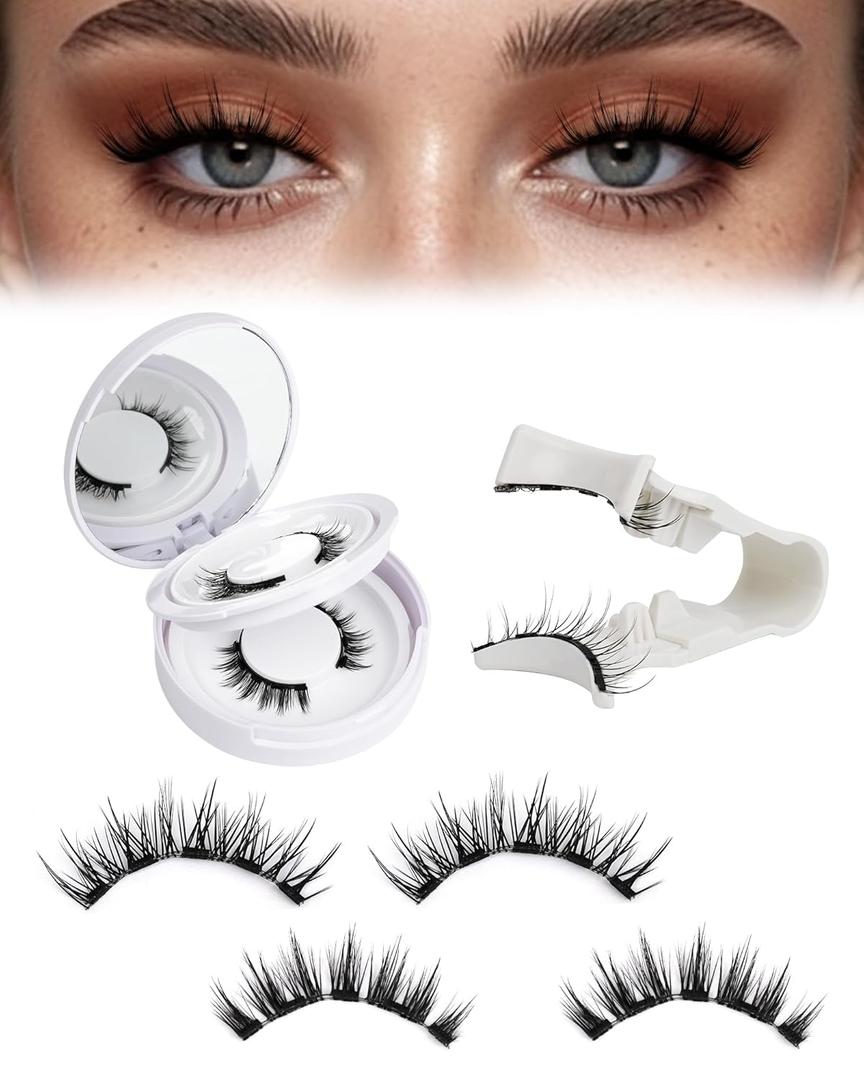 EMEDA Natural Look Magnetic Eyelashes Kit 2 Pairs Reusable Double Sided Magnetic Lashes With Applicator and Mirror, No Glue Needed Strip Lashes, Black(Manga Look 5-11mm)