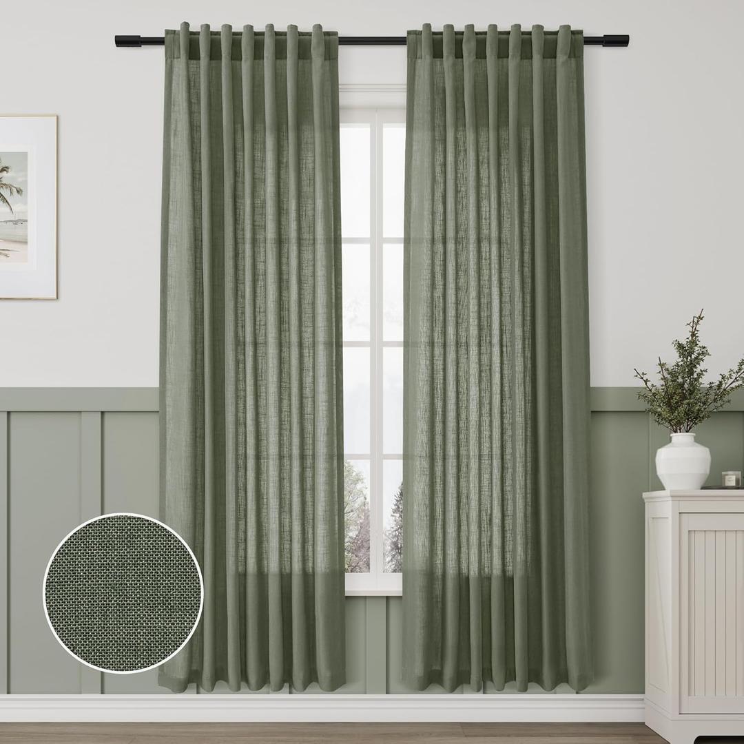 Linen Blend Green Curtains 78 Inches Long 2 Panels for Living Room Back Tab Pocket Light Filtering Sheer Privacy Olive Green Window Curtains Aesthetic Decor Muted Earthy Tone Drapery Bedroom