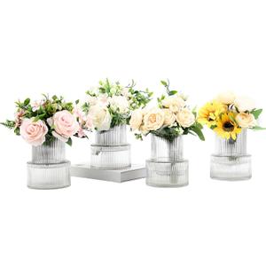 Ribbed Glass Vases, Set of 4 Small Vases for Flowers, Clear Glass Vase for Tulips, Modern Vase for Living Room, Kitchen, Office, Entryway, Bookshelf, Wedding Gifts, Birthday, 6 Inches