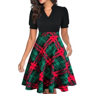 Mokayee Womens Summer Short Puff Sleeve Casual Semi-Formal Fit and Flare Church Wedding Guest Work Dresses with Pockets (Medium, Black+ Plaid 1)