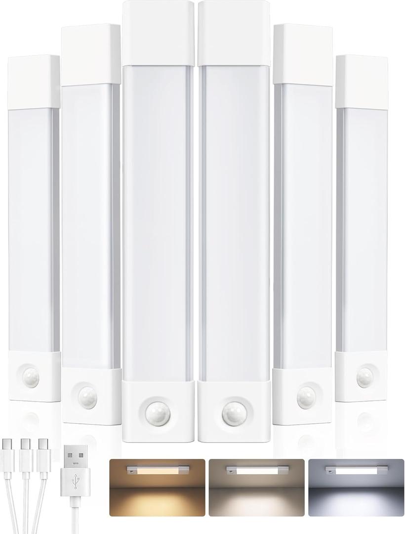 EZVALO 6-Pack Under Cabinet Lighting, Wireless Closet Lights, 50 LED Rechargeable Motion Sensor Light, Dimmable, 3 Color Temperatures, 11.8 inch Counter Lights for Kitchen, Pantry, Bedroom, Wardrobe (White)