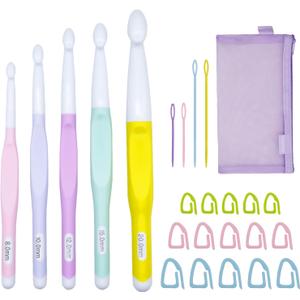 Araeknotta Large Crochet Hooks Set with Stitch Markers, Yarn Needles, Purple Pouch - 5 Sizes (8mm, 10mm, 12mm, 15mm, 20mm) - Ergonomic Plastic Crochet Hooks for Chunky Blanket Yarn