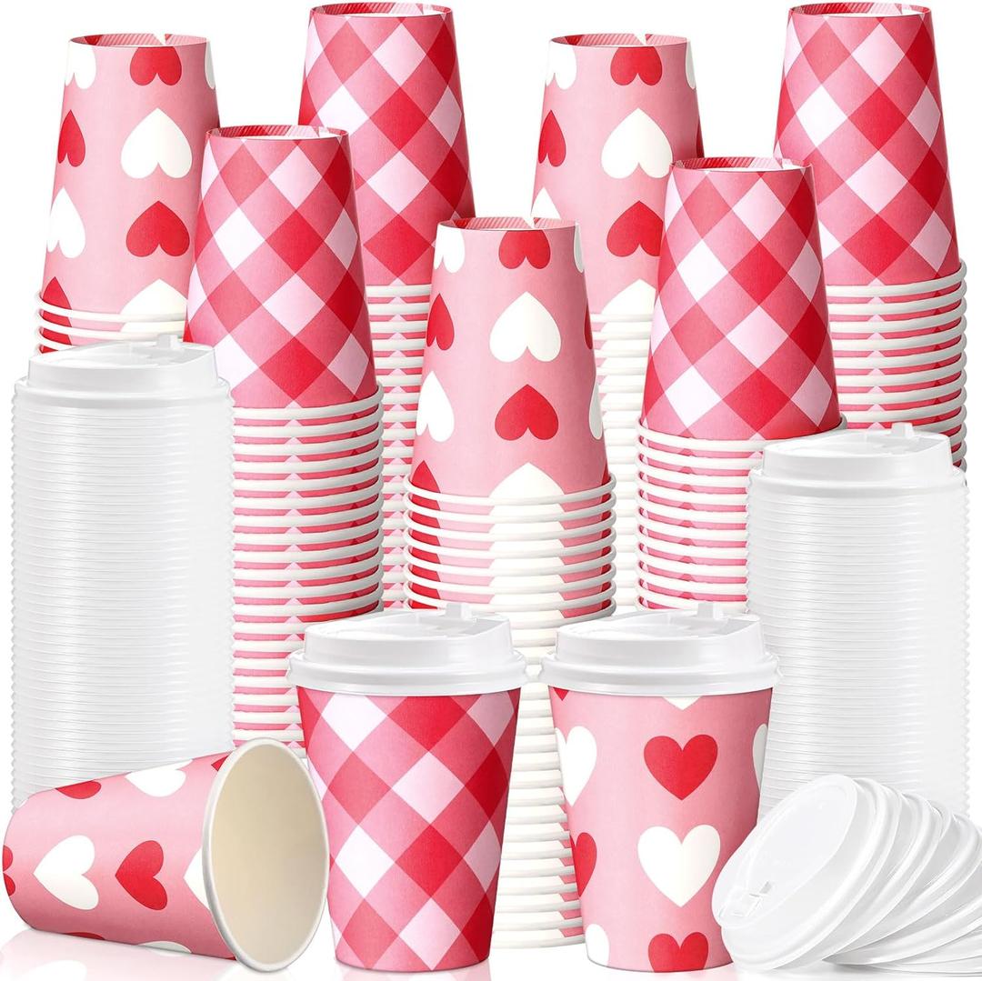 Jingmore 160 Pcs 12 oz Valentine's Day Disposable Coffee Cups with Lids Bulk Valentines Love Heart Paper Cup for Hot Chocolate Cocoa Tea for Galentines Anniversary Party Supplies (Pink Heart)