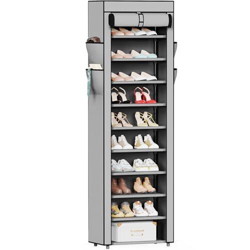 Mavivegue Shoe Rack with Cover, 10 Tier Tall Shoe Organizer for 18-22 Pairs of Shoes, Shoe Storage Organizer for Entryway, Closet, Garage, Grey, S