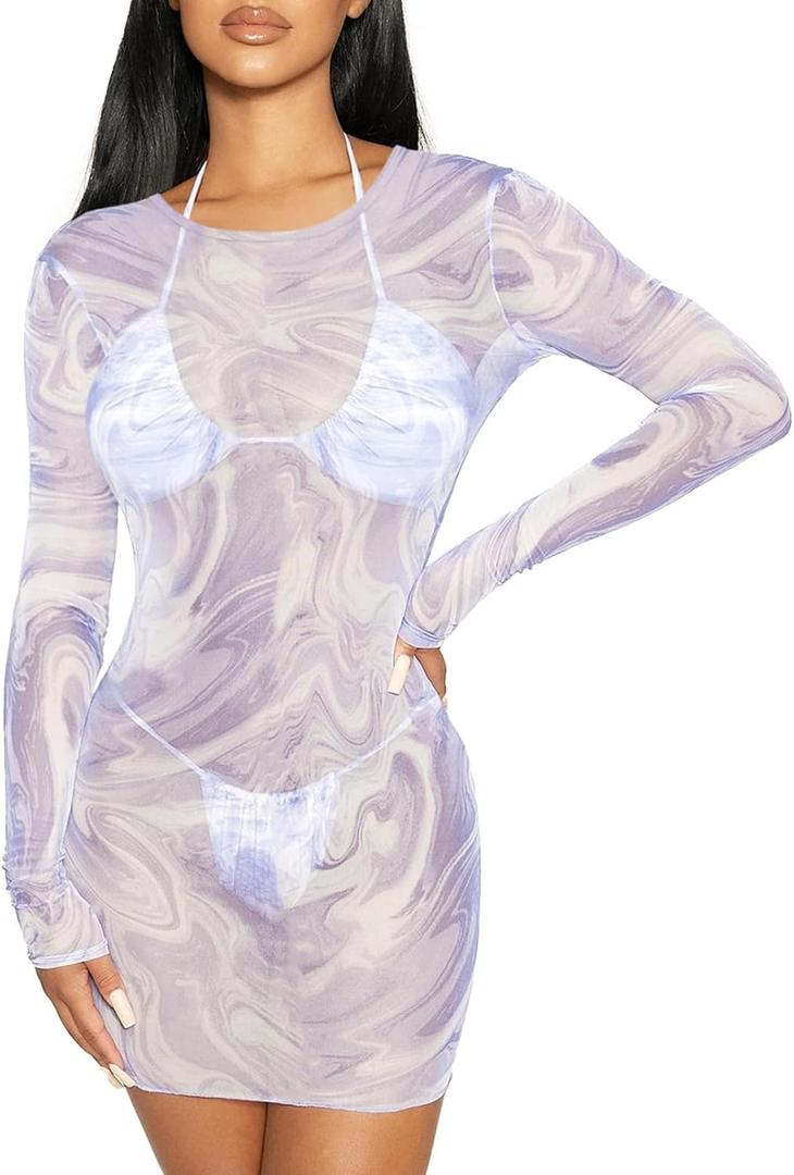 HUUSA Women's Sheer Cover Up Dress Sexy Swimwear Mesh Bikini Long Sleeve See Through Resort Wear 2025 Trendy (XL)