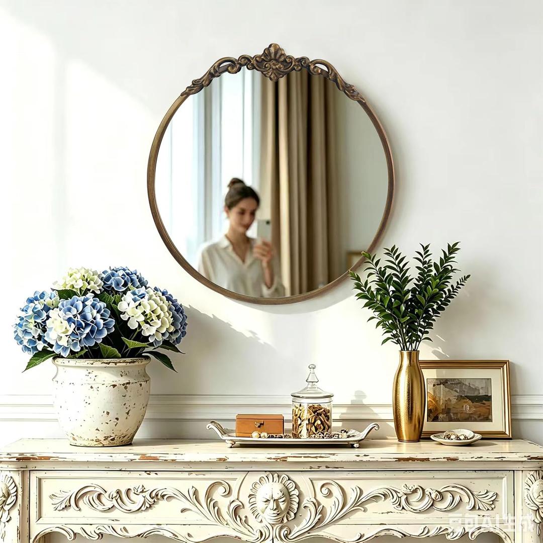 Traditional Round Wall Mirror, 19x18 Inch, Circle Brushed Black Antique Mirror, Vintage Gold Mirror for Bathroom, Living Room, Entryway, Bedroom,Hallway