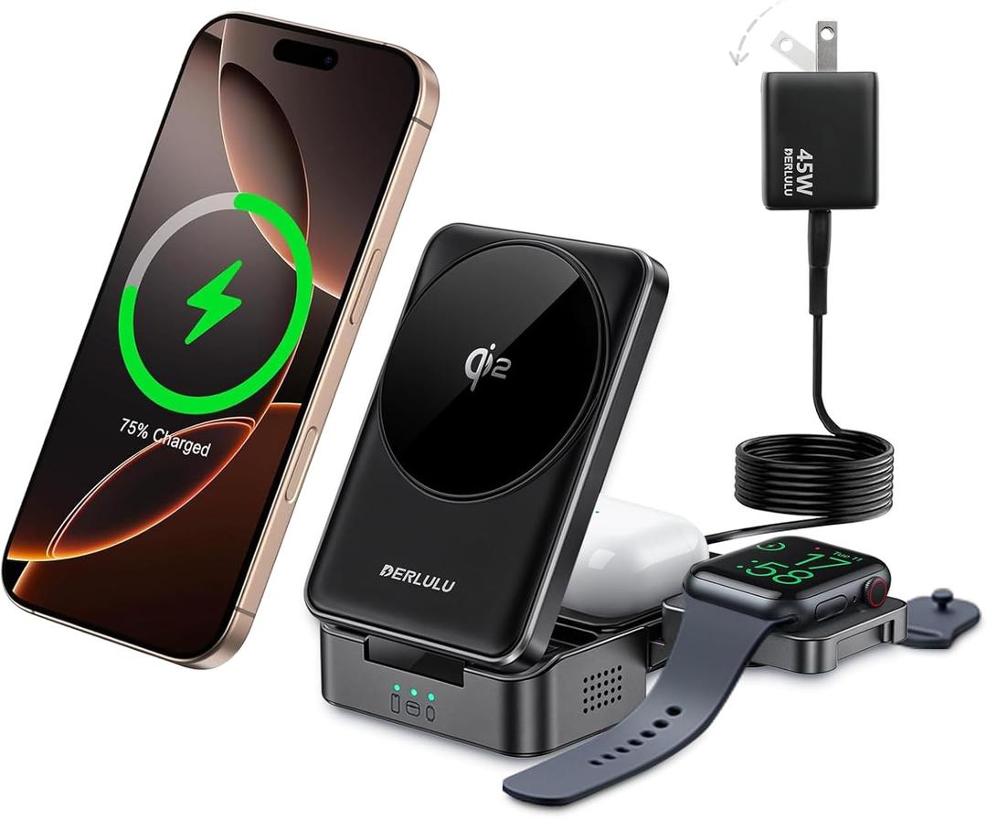 Qi2 3 in 1 Wireless Charger for Apple Devices, Qi2 15W Magnetic Foldable Wireless Fast Charger for iPhone 17/16/15/14/13/12, Apple Watch and AirPods